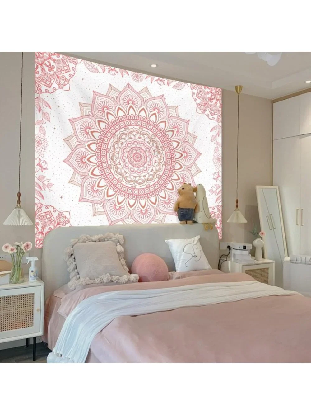Pink Boho Wall Tapestry - Mandala Floral Decor for Bedroom, Living Room & Dorm